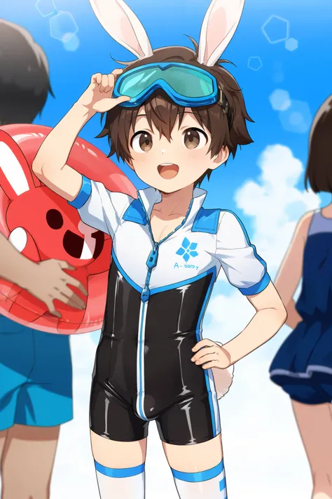 a boy, short hair,boy in a bodysuit,Standing,cute,A with brown hair in white stockings,Goggles,looped rabbit ears, masterpiece, best quality ,male focus, Shota,zipper,enjoy,summer,Short sleeve,happy