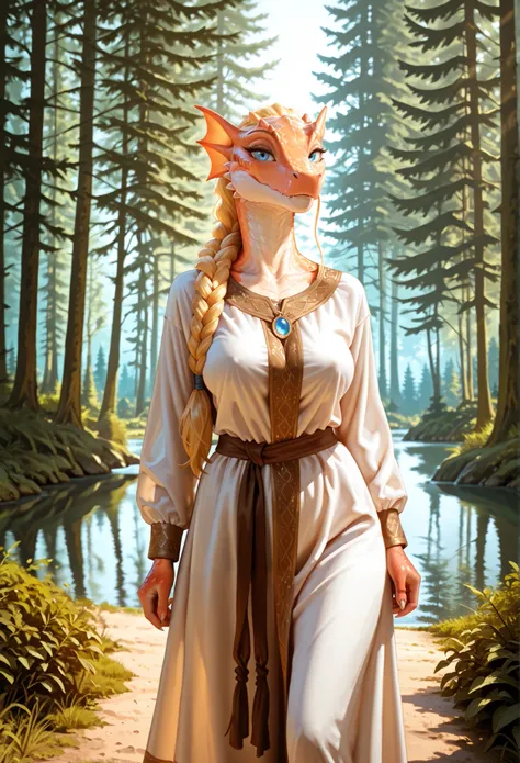 (anthro_dragon,female,high detailed scalie skin, slim body), ultra realistic, full growth, detailed facial features, big fake breasts, blonde hair, blue eyes, long braid hair, seductive expression, ancient russian robe, (forest, russian forest, foliage, la...
