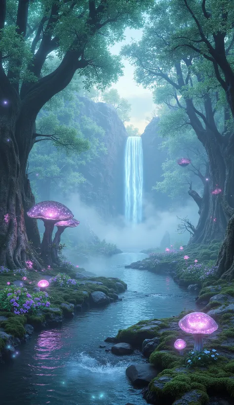 A breathtaking virtual forest filled with towering ancient trees whose bioluminescent leaves glow softly in shades of blue and green. A crystal-clear river winds through the forest, reflecting the twinkling light of floating fireflies. Mist hovers over the...