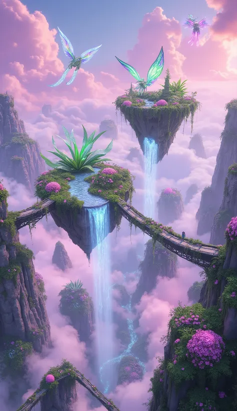 A mesmerizing landscape of floating islands suspended in the sky, covered in lush greenery and exotic flowers that emit a faint luminescent glow. Waterfalls cascade from the edges of the islands, disappearing into the endless sky below. The sky is painted ...