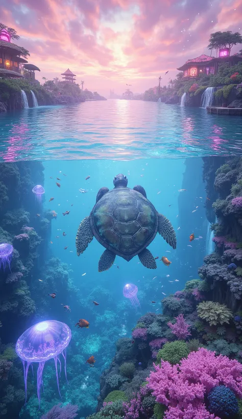 An awe-inspiring virtual ocean paradise where the water is impossibly clear, revealing a vibrant coral reef teeming with exotic marine life. The sun’s rays pierce through the surface, creating a mesmerizing dance of light and shadows underwater. Biolumines...