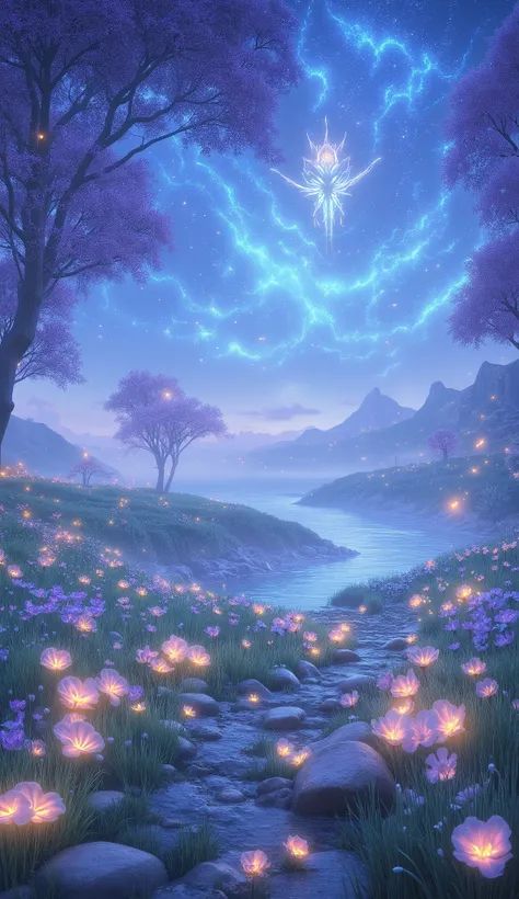 A vast, open meadow bathed in the soft glow of twilight, where the grass shimmers with an iridescent sheen. Delicate, glowing flowers bloom in various colors, swaying gently in the evening breeze. Above, the sky is a deep, cosmic blue, sprinkled with milli...
