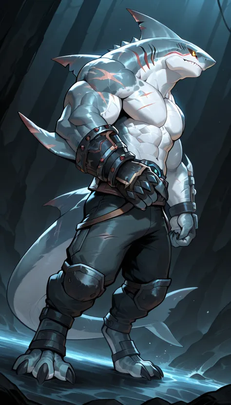 sharkman, anthro megalodon, darker hands and fins, solo, big arms, bara, detailed skin, lizard shark hybrid, anthro, closed mouth, polynesian tattoos, tattoos covering arm and shoulder, detailed scalie skin, scalie arms, fins on arms, gray color body, beef...