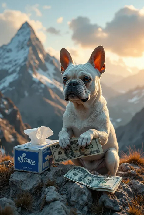 A **hyper-realistic, cinematic shot** of a **cream-white dog, a mix between a Jack Russell and a French Bulldog**, sitting **sadly on a rugged mountain peak**. His **big, expressive eyes gaze into the distance**, ears slightly drooped, conveying a deep sen...