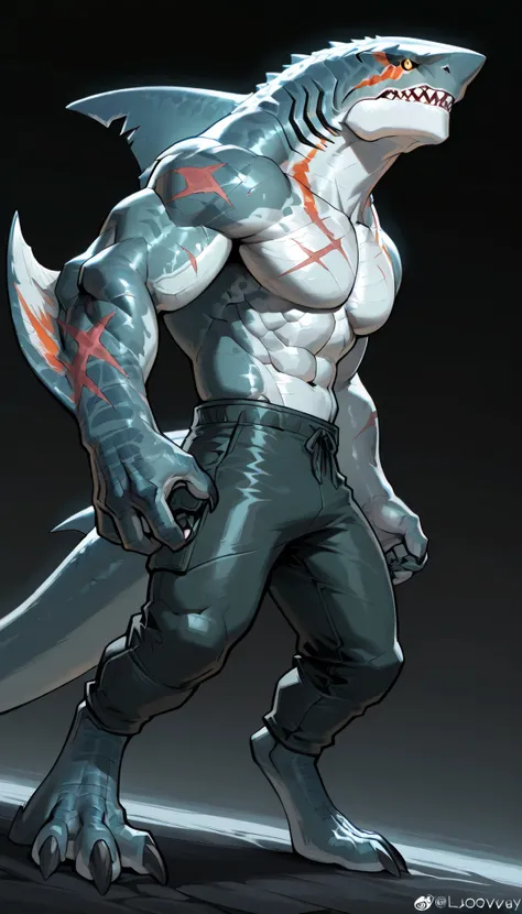 sharkman, anthro megalodon, darker hands and fins, solo, big arms, bara, detailed skin, lizard shark hybrid, anthro, closed mouth, polynesian tattoos, tattoos covering arm and shoulder, detailed scalie skin, scalie arms, fins on arms, gray color body, beef...