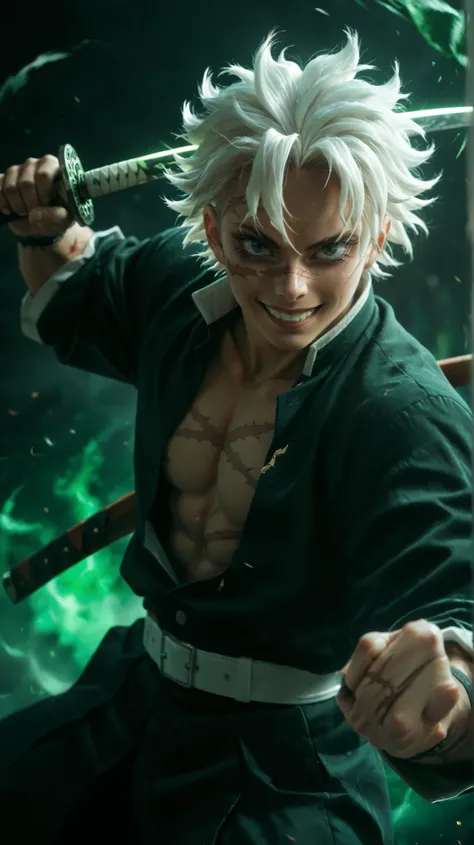 score_9, score_8_up, score_7_up, source_anime, rating_safe, green_Sanemi_stylized slash, holding sword, SanemiDS, white_Sanemi_hair, brown_Sanemi_scar on face, brown_Sanemi_scar on forehead, brown_Sanemi_scar on chest, brown_Sanemi_scar on arm, 1boy, male ...