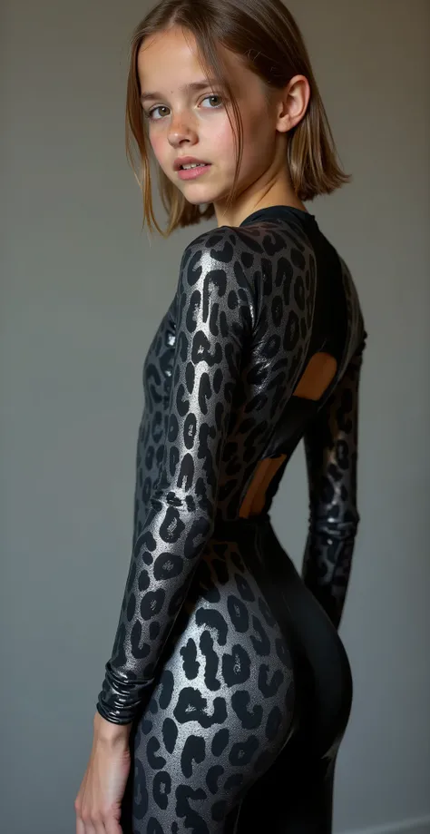 photo from side behind backside of a sweaty hot wet cute beautiful spanish italian brittish young standing 11-age femboy wearing shiny silvery sparkly darkgrey black gradient design leopard-print jaguarprint spandex rubber latex jersey fabric mesh catsuit....
