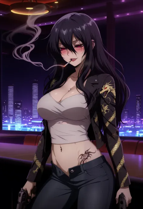 1girl,solo,mm,mature female,long hair,black hair,red eyes,hair between eyes, anime coloring, medium large breast
, ear piercing, long hair, blush, lipstick,Hot girl, baddie, smoking, sensual, attractive ,bar
background, inside bar,indoors, cityscape, casin...