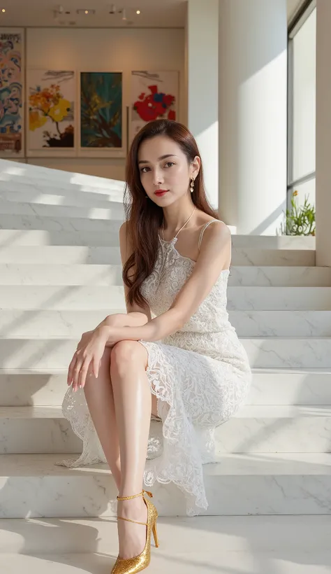 Inside a contemporary art gallery adorned with striking installations, the Thai woman sits poised on a sleek marble staircase, surrounded by vivid colors and shadows cast by abstract pieces of art. Her long, wavy chestnut-brown hair tumbles elegantly over ...