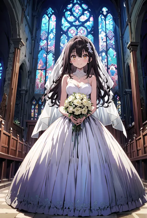score_9, score_8_up, score_7_up, source_anime, Yukina Himeragi, long hair,, black hair, brown eyes,smile,cover,close your mouth,Medium breast,Wedding Dress,wedding long skirt,holding a bouquet of flowers with both hands,bouquet,standing,stained glass,full ...