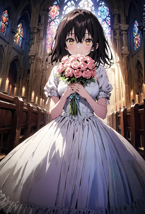 score_9, score_8_up, score_7_up, source_anime, Yukina Himeragi, medium hair, black hair, brown eyes,smile,cover,close your mouth,Medium breast,Wedding Dress,wedding long skirt,holding a bouquet of flowers with both hands,bouquet,standing,stained glass,full...