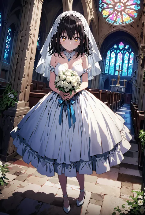 score_9, score_8_up, score_7_up, source_anime, Yukina Himeragi, medium hair, black hair, brown eyes,smile,cover,close your mouth,Medium breast,Veil,Wedding Dress,wedding long skirt,holding a bouquet of flowers with both hands,bouquet,standing,stained glass...