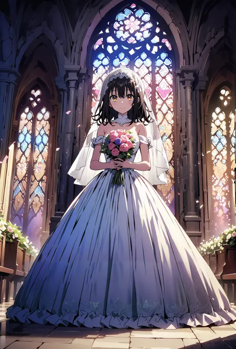 score_9, score_8_up, score_7_up, source_anime, Yukina Himeragi, medium hair, black hair, brown eyes,smile,cover,close your mouth,Medium breast,Veil,Wedding Dress,wedding long skirt,holding a bouquet of flowers with both hands,bouquet,standing,stained glass...