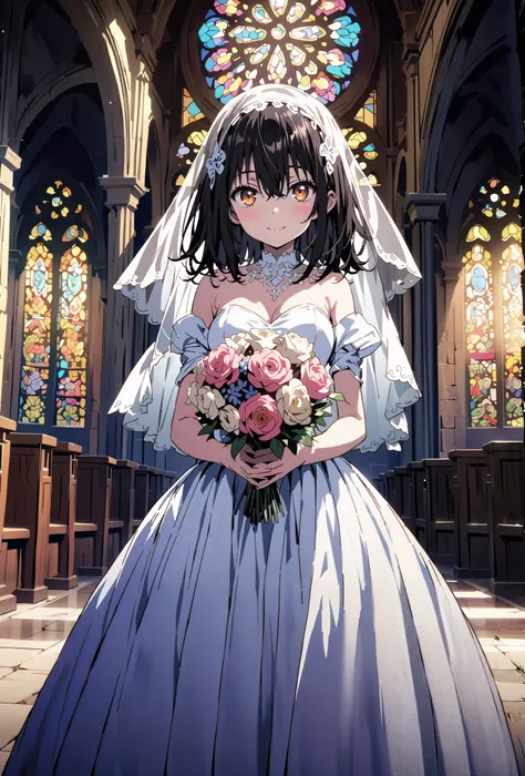 score_9, score_8_up, score_7_up, source_anime, Yukina Himeragi, medium hair, black hair, brown eyes,smile,cover,close your mouth,Medium breast,Veil,Wedding Dress,wedding long skirt,holding a bouquet of flowers with both hands,bouquet,standing,stained glass...
