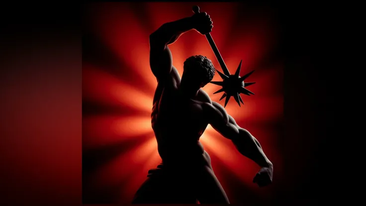 A high-contrast silhouette of Hercules. He is holding a club, possibly appearing as a spiked mace or clava, with both hands together. He raises it above his head, preparing to strike the ground with great force. The background is red, with a backlight high...