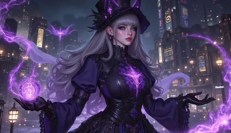 Girl, Gothic style, very long hair, black and white hair color, (((((Heterochromia eyes left aye is glowing white and right eye is black:1.5))))), Fantasy charming clothes, magic element, colorful, gotham city background, she is using Magic.