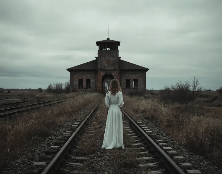 Cinematic photography, eye-level view of an abandoned railway leading towards a historic brick structure with a central watchtower, evoking a haunting and solemn atmosphere. The rusty train tracks, overgrown with dry grass, guide the viewer’s gaze through ...