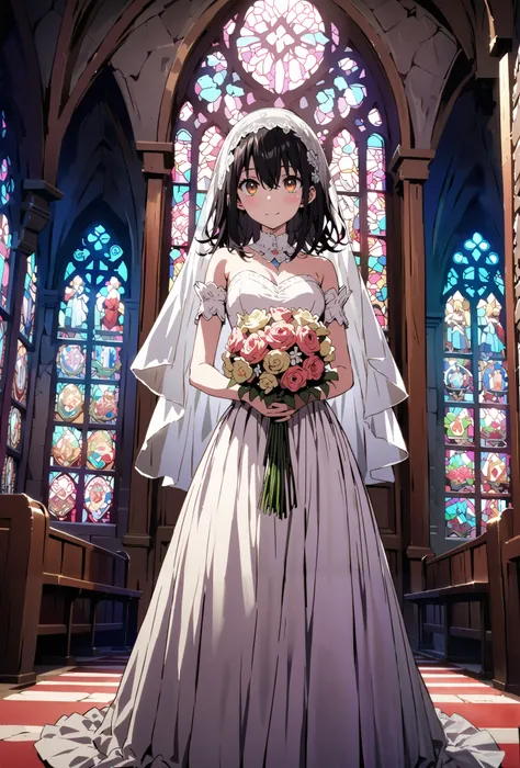 score_9, score_8_up, score_7_up, source_anime, Yukina Himeragi, medium hair, black hair, brown eyes,smile,cover,close your mouth,Medium breast,Veil,Wedding Dress,wedding long skirt,holding a bouquet of flowers with both hands,bouquet,standing,stained glass...