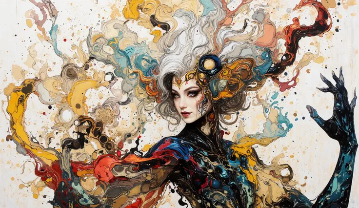 A whimsical fusion of patterns and colors brings to life an imaginative scene, featuring a central figure with flowing white hair and striking makeup, exuding an air of mystery. She is enveloped in a rich tapestry of bold geometric designs and organic moti...
