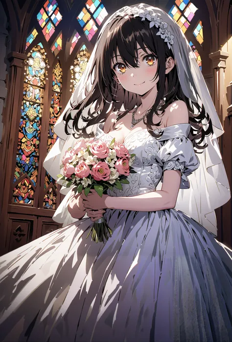 Yukina Himeragi, medium hair, black hair, brown eyes,smile,cover,close your mouth,Medium breast,necklace,Veil,Off Shoulder Wedding Dress,Short sleeve,wedding long skirt,holding a bouquet of flowers with both hands,bouquet,standing,stained glass,full body,が...
