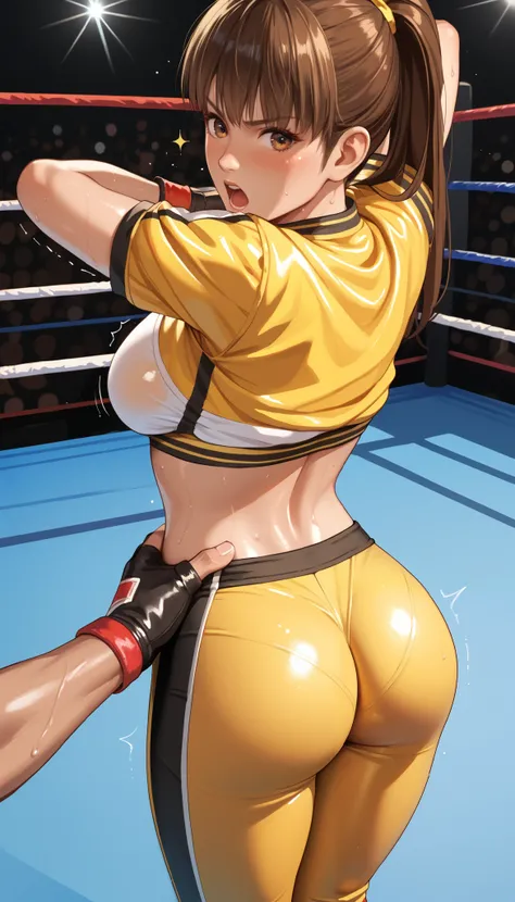 LeiFangDOA, brown hair, (long brown straight hair:1.5), shiny crop top, undressing shiny yellow leggings:1.6, short sleeves, fingerless gloves, breasts, looking back, armpits, gasp, be breathless, sweat, sparkling sweat, trembling, brown eyes, [[angry]], b...