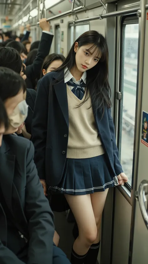 A photorealistic side-view image of a young woman standing by the door inside a crowded Tokyo commuter train. She is wearing a high school uniform: a white dress shirt, a beige lightweight sweater over it, and a navy blue blazer on top. She also wears a na...