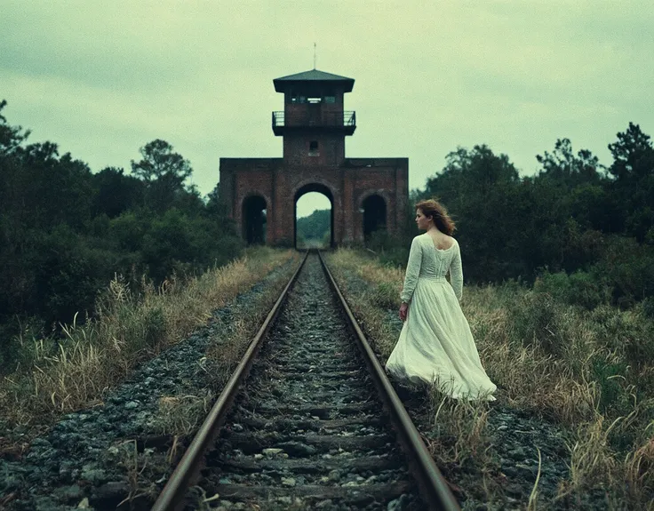 Cinematic photography, eye-level view of an abandoned railway leading towards a historic brick structure with a central watchtower, evoking a haunting and solemn atmosphere. The rusty train tracks, overgrown with dry grass, guide the viewer’s gaze through ...