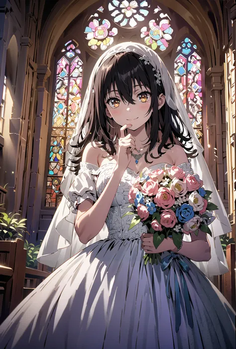 Yukina Himeragi, medium hair, black hair, brown eyes,smile,cover,close your mouth,Medium breast,necklace,Veil,Off Shoulder Wedding Dress,Short sleeve,wedding long skirt,holding a bouquet of flowers with both hands,bouquet,standing,stained glass,full body,が...