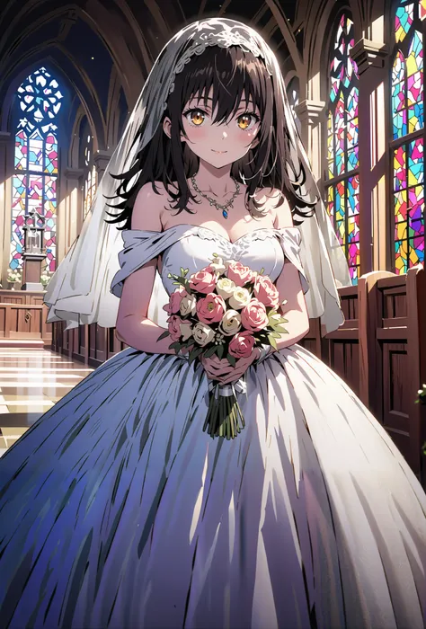 Yukina Himeragi, medium hair, black hair, brown eyes,smile,cover,close your mouth,Medium breast,necklace,Veil,Off Shoulder Wedding Dress,Short sleeve,wedding long skirt,holding a bouquet of flowers with both hands,bouquet,standing,stained glass,full body,が...