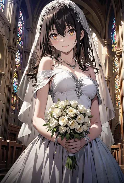 Yukina Himeragi, medium hair, black hair, brown eyes,smile,cover,close your mouth,Medium breast,necklace,Veil,Off Shoulder Wedding Dress,Short sleeve,wedding long skirt,holding a bouquet of flowers with both hands,bouquet,standing,stained glass,full body,が...