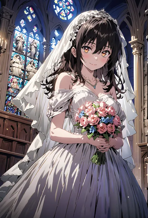 Yukina Himeragi, medium hair, black hair, brown eyes,smile,cover,close your mouth,Medium breast,necklace,Veil,Off Shoulder Wedding Dress,Short sleeve,wedding long skirt,holding a bouquet of flowers with both hands,bouquet,standing,stained glass,full body,が...