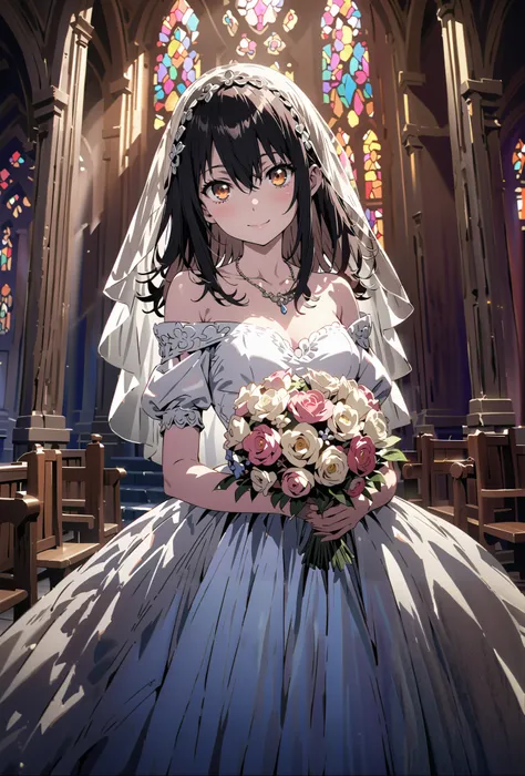 Yukina Himeragi, medium hair, black hair, brown eyes,smile,cover,close your mouth,Medium breast,necklace,Veil,Off Shoulder Wedding Dress,Short sleeve,wedding long skirt,holding a bouquet of flowers with both hands,bouquet,standing,stained glass,full body,が...