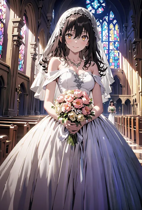 Yukina Himeragi, medium hair, black hair, brown eyes,smile,cover,close your mouth,Medium breast,necklace,Veil,Off Shoulder Wedding Dress,Short sleeve,wedding long skirt,holding a bouquet of flowers with both hands,bouquet,standing,stained glass,full body,が...