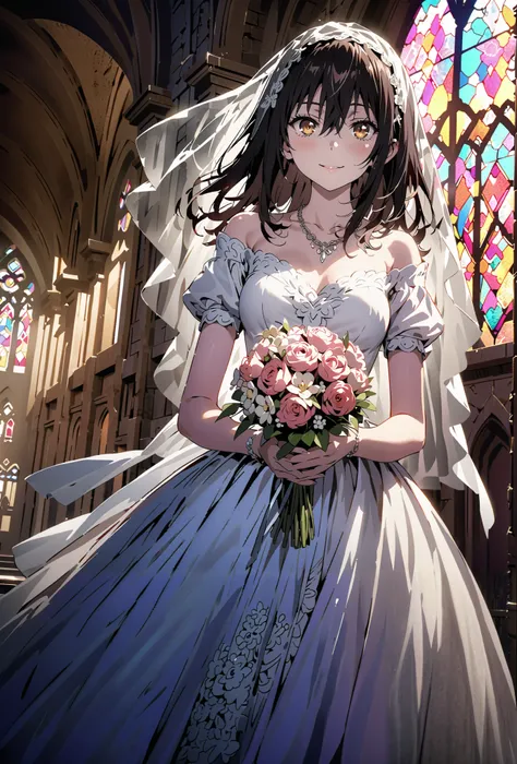 Yukina Himeragi, medium hair, black hair, brown eyes,smile,cover,close your mouth,Medium breast,necklace,Veil,Off Shoulder Wedding Dress,Short sleeve,wedding long skirt,holding a bouquet of flowers with both hands,bouquet,standing,stained glass,full body,が...