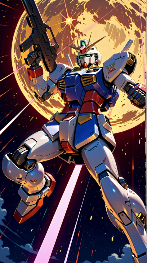 ((Best Quality)),( super high definition),(Super detailed),( detailed description ),((The best CG)),(masterpiece),Mobile Suit Gundam,Famous Scenes, Last Shooting , 『Mobile Suit Gundam』Episode 43 (The final)「escape」indicates the final attack and pose of Gu...