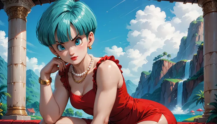 Bulma knee-length red dress in her 40s, short hair, blue hair clothing, pearl necklace, gold bracelet, knee-length red dress, sexy, dragon ball style art
