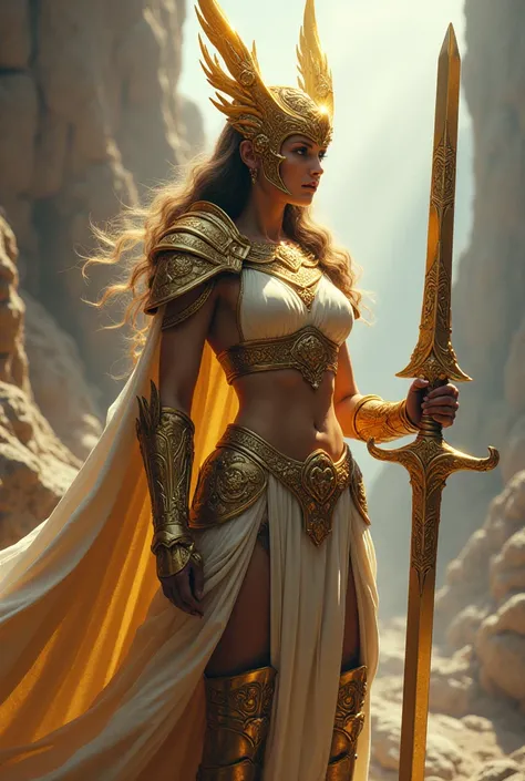 Warrior girl with sword of God and helmet of gold powergull
