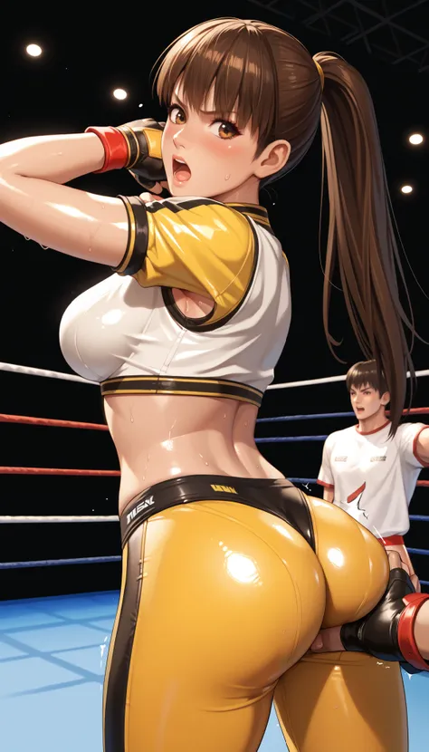LeiFangDOA, brown hair, (long brown straight hair:1.5), shiny crop top, shiny yellow leggings, undressing leggings:1.7, short sleeves, fingerless gloves, breasts, looking back, armpits, gasp, be breathless, sweat, sparkling sweat, trembling, brown eyes, br...