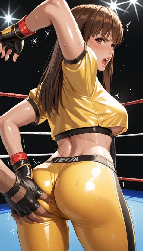 LeiFangDOA, brown hair, (long brown straight hair:1.5), shiny crop top, shiny yellow leggings, undressing leggings:1.7, short sleeves, fingerless gloves, breasts, looking back, armpits, gasp, be breathless, sweat, sparkling sweat, trembling, brown eyes, br...