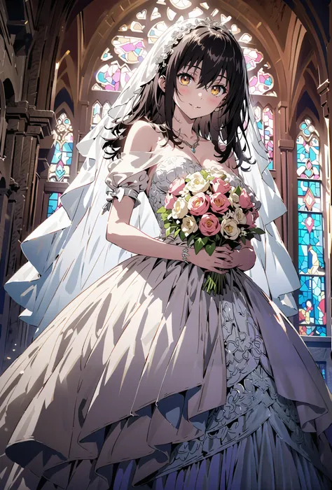 Yukina Himeragi, medium hair, black hair, brown eyes,smile,cover,close your mouth,Medium breast,necklace,Veil,Off Shoulder Wedding Dress,Short sleeve,wedding long skirt,holding a bouquet of flowers with both hands,bouquet,standing,stained glass,full body,が...