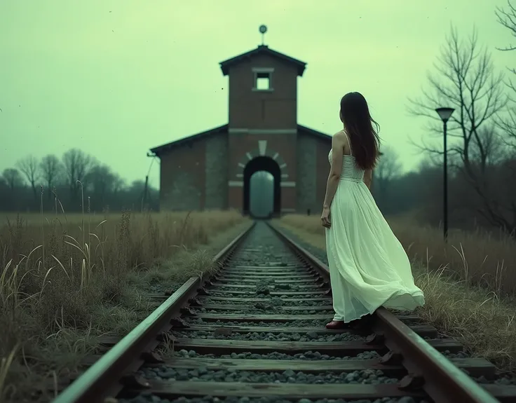 Cinematic photography, eye-level view of an abandoned railway leading towards a historic brick structure with a central watchtower, evoking a haunting and solemn atmosphere. The rusty train tracks, overgrown with dry grass, guide the viewer’s gaze through...