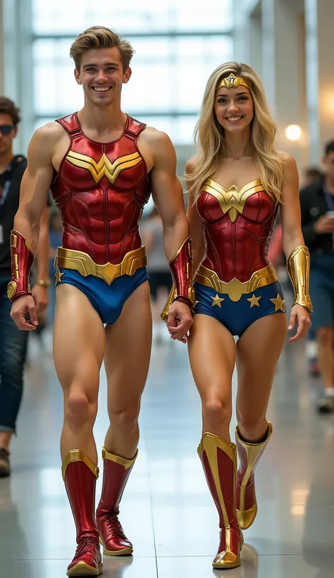 character: 1 young man,  and 1 young women. They have blonde hair and They have cute faces.

action: Walk straight and look straight ahead.

Expression : smiling.

Costume : they Wearing futuristic wonder woman body suit 

 Background : A bright indoor pub...