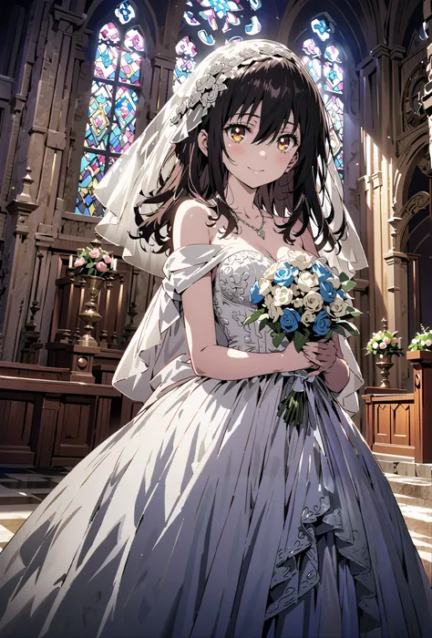 Yukina Himeragi, medium hair, black hair, brown eyes,smile,cover,close your mouth,Medium breast,necklace,Veil,Off Shoulder Wedding Dress,Short sleeve,wedding long skirt,holding a bouquet of flowers with both hands,bouquet,standing,stained glass,full body,が...