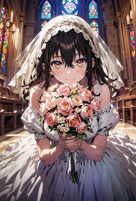 Yukina Himeragi, medium hair, black hair, brown eyes,smile,cover,close your mouth,Medium breast,necklace,Veil,Off Shoulder Wedding Dress,Short sleeve,wedding long skirt,holding a bouquet of flowers with both hands,bouquet,standing,stained glass,full body,が...
