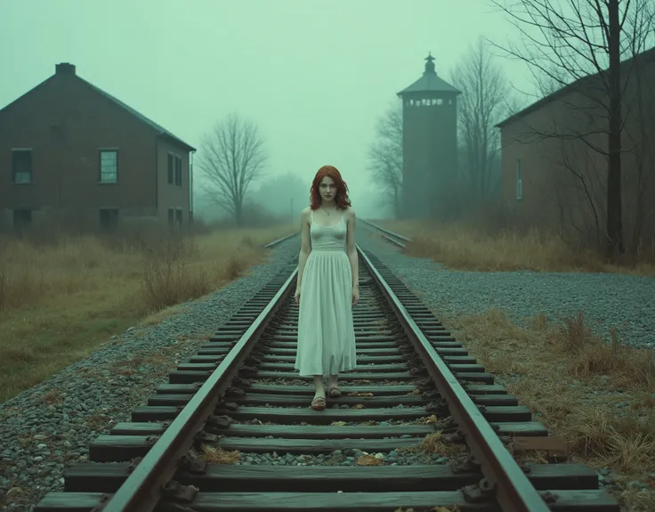 Cinematic photography, eye-level view of an abandoned railway leading towards a historic brick structure with a central watchtower, evoking a haunting and solemn atmosphere. The rusty train tracks, overgrown with dry grass, guide the viewer’s gaze through...