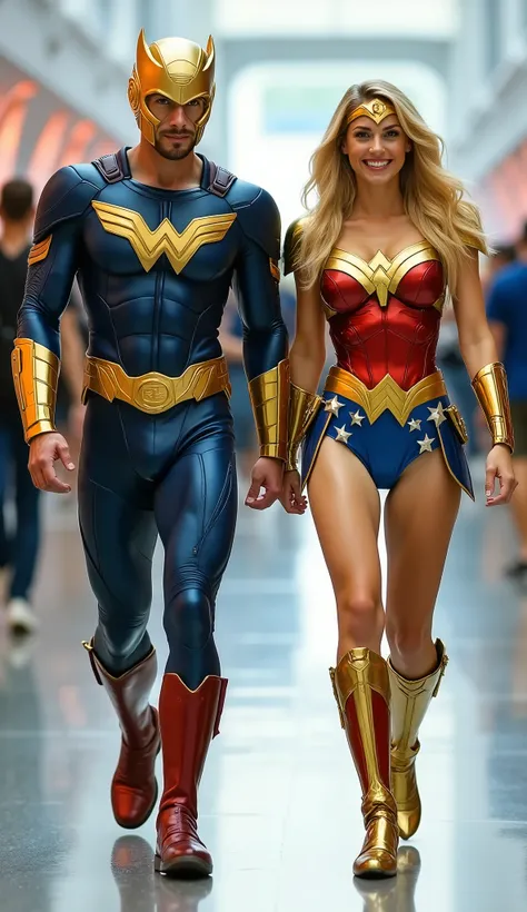 character: 1 man with mask full head,  and 1 women. They have blonde hair and They have cute faces.

action: Walk straight and look straight ahead.

Expression : smiling.

Costume : they Wearing wonder woman body suit 

 Background : A bright indoor public...