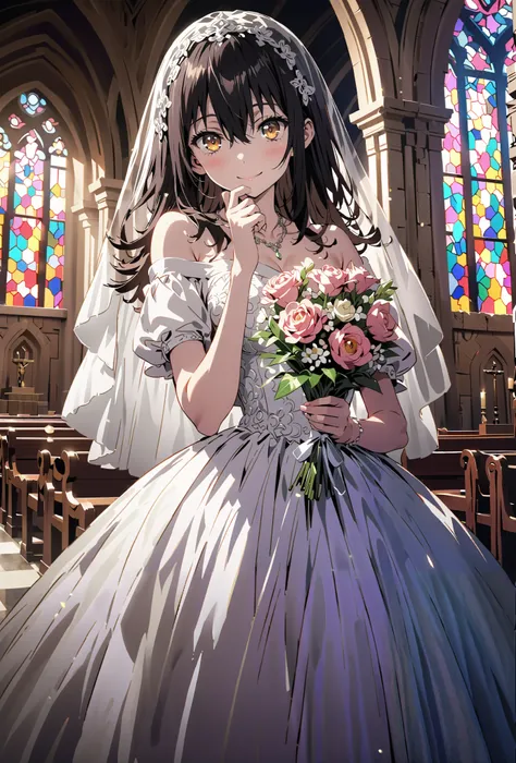 Yukina Himeragi, medium hair, black hair, brown eyes,smile,cover,close your mouth,Medium breast,necklace,Veil,Off Shoulder Wedding Dress,Short sleeve,wedding long skirt,holding a bouquet of flowers with both hands,bouquet,standing,stained glass,full body,が...