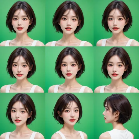 Nine-grid，Various angles of character avatars， front view，bust，Headshot，green screen green background，【Character core】22 year old asian fitness girl