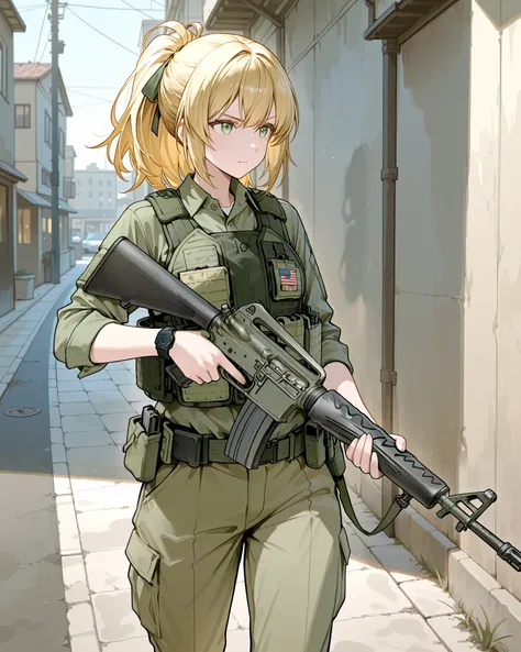 blonde hair in a ponytail, wearing a military-style olive green tactical vest, khaki button-down shirt, olive pants, American flag patch on the shoulder, holding an m16 rifle, standing at an angle with the body facing slightly to the side, outdoor urban en...