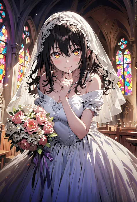 Yukina Himeragi, medium hair, black hair, brown eyes,smile,cover,close your mouth,Medium breast,necklace,Veil,Off Shoulder Wedding Dress,Short sleeve,wedding long skirt,holding a bouquet of flowers with both hands,bouquet,standing,stained glass,full body,が...